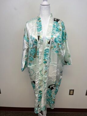 Kyoto Julin. Co. Ltd.  Floral Kimono in White Teal Grey Birds Flowers Size 42